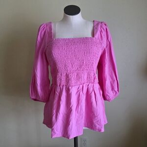 Pink Smocked Peplum Cotton Top Puffed Elbow Sleeves Square Neckline Ava & Viv